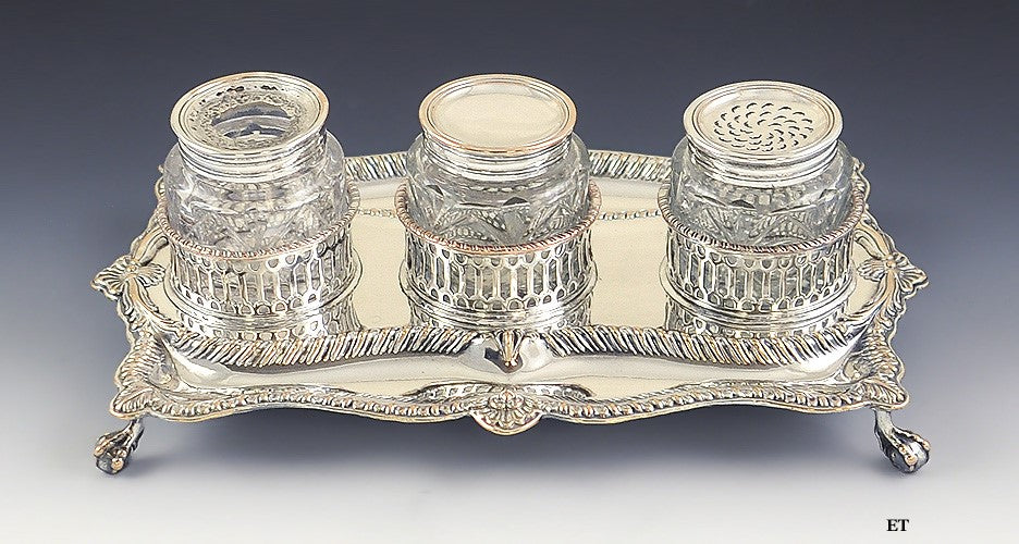 Late 1700s Fine Old Sheffield Silver Plate Desk Set Sander Inkwell Tray