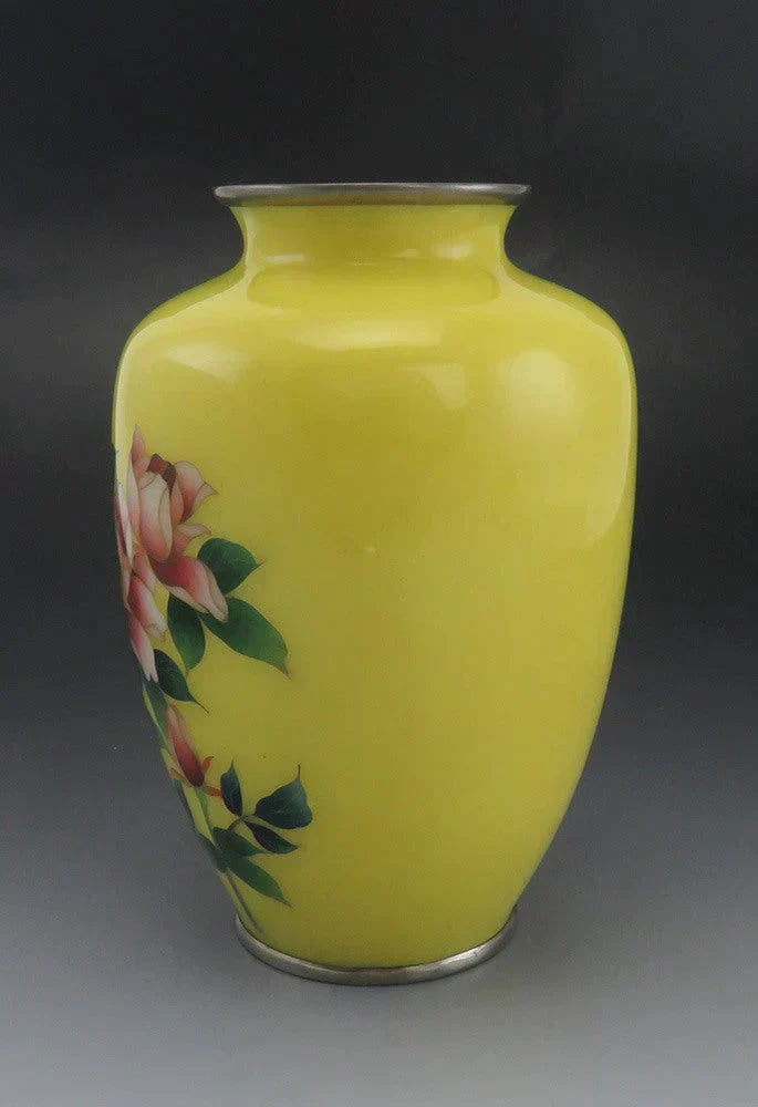 Lovely VTG Japanese Cloisonne Enamel Yellow Floral Roses Vase