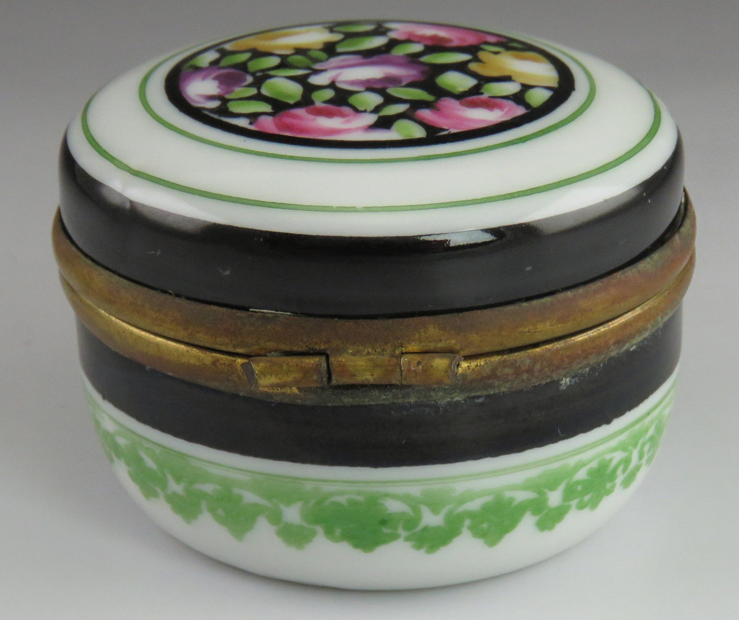 Early 1900's Antique Hand Painted Floral Porcelain and Brass Trinket Jewelry Box
