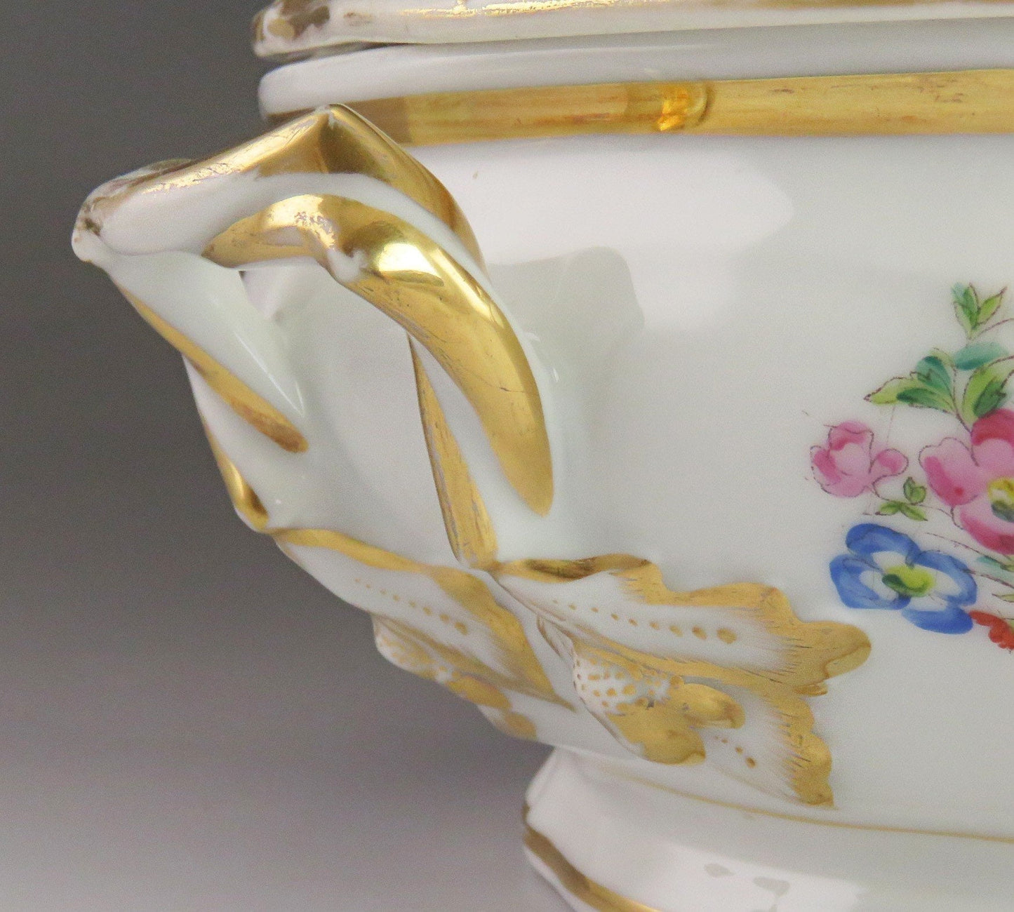 Antique c1850 Paris Porcelain Fine China Gold & Painted Flower Covered Bowl/Dish
