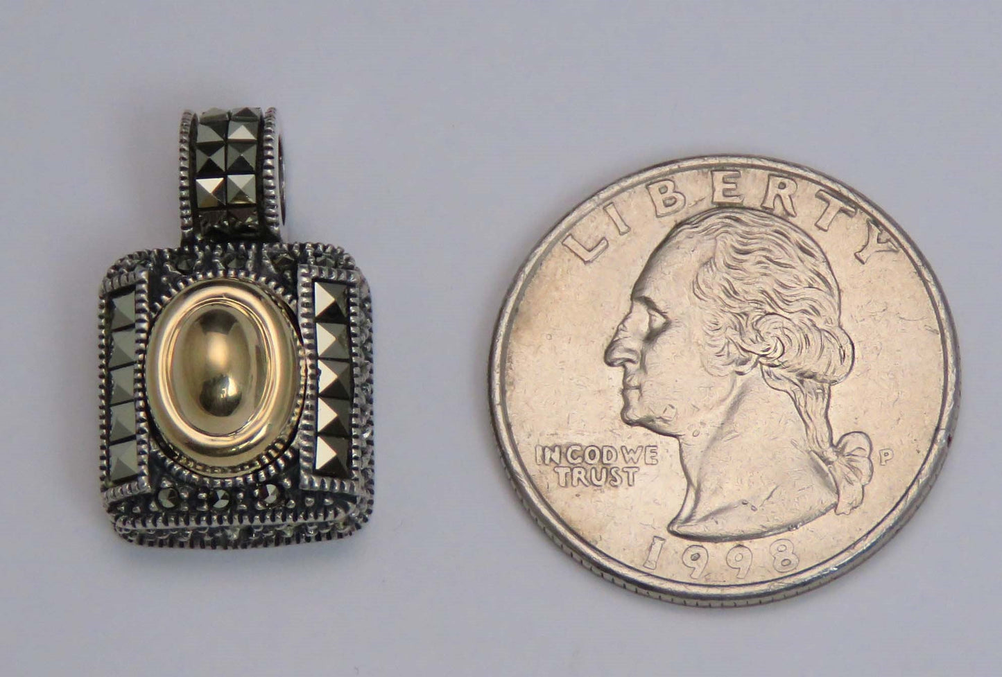 Stunning 14k Gold Sterling Silver Marcasite Square Pendant