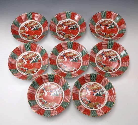 8 Japanese Arita Imari Peacock Porcelain Coupe Soup Bowls