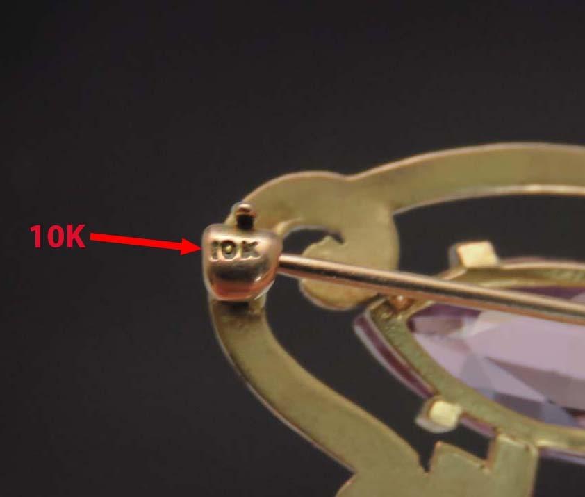 American Art Nouveau 10k Yellow Gold Amethyst Brooch Pin