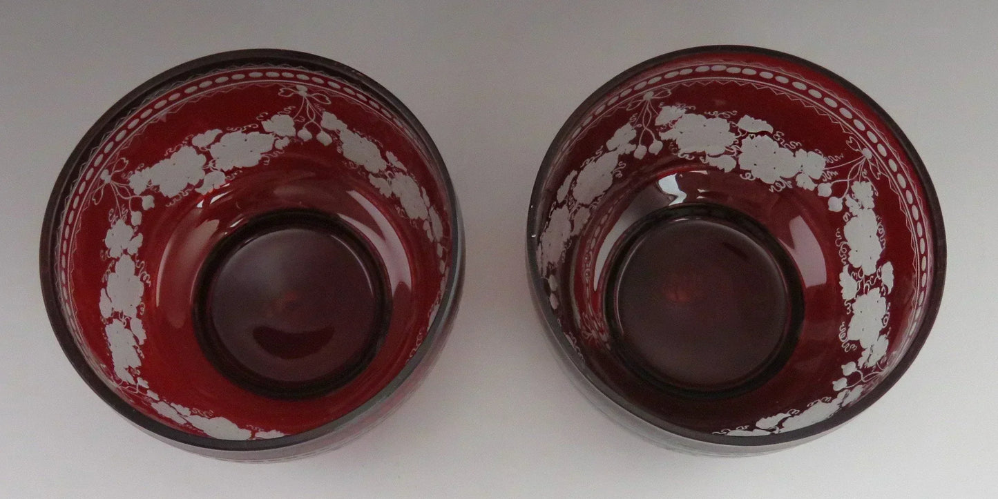 Beautiful Pair Antique Mid 1800s Bohemian Red Ruby Cut Glass Dessert Bowls (5/6)