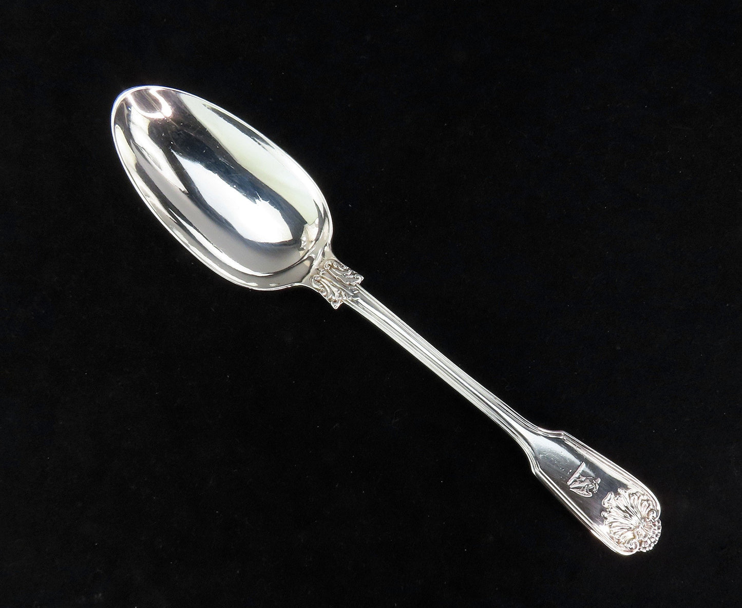 1854 Fiddle Shell Thread English Sterling Silver Serving Spoon Eagle Crest 9in