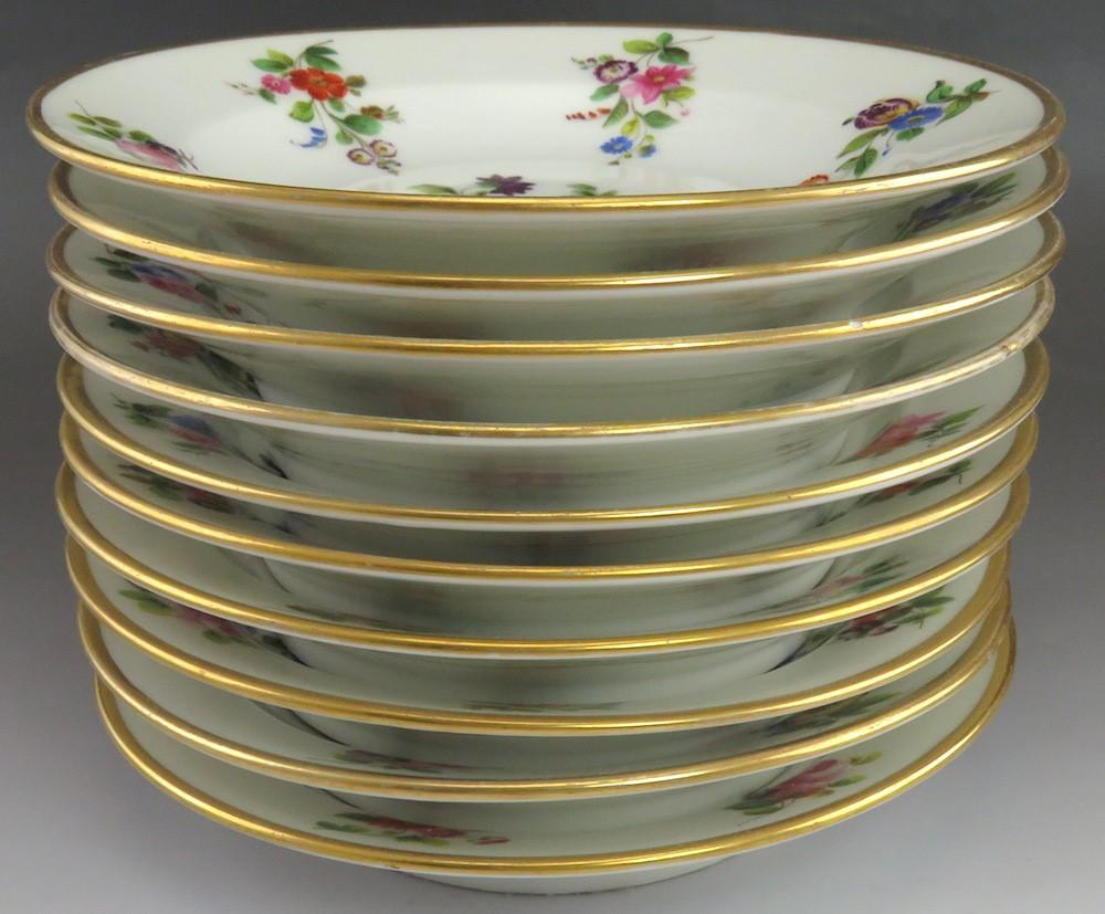 Great 10 Antique c1860s Colorful Floral Gilt Paris Porcelain Soup Bowls 8 1/2"