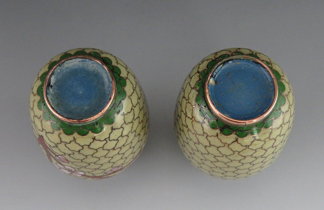 Pair Vintage Chinese Copper Cloisonné Enamel Cherry Blossom Bud Vases