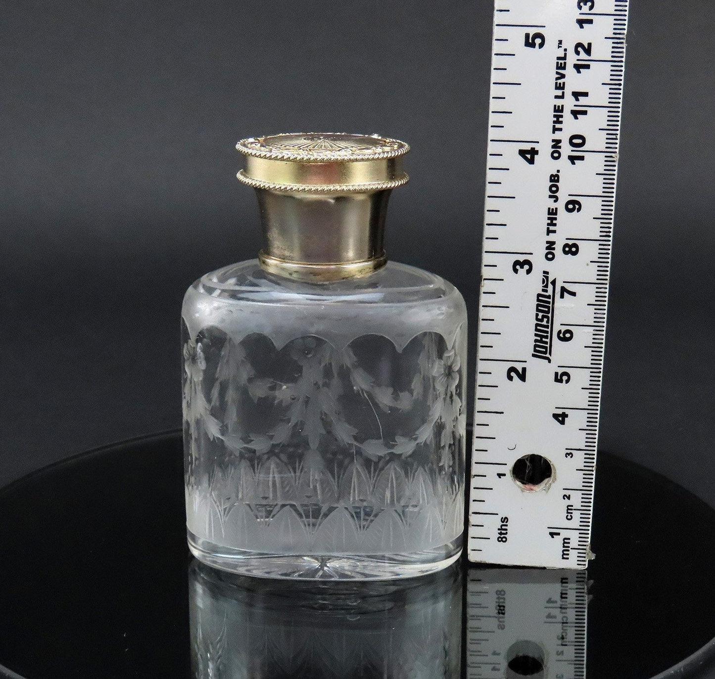 1926 English Sterling Silver Gilt Cut Frosted Glass Dresser Perfume Bottle 2/4
