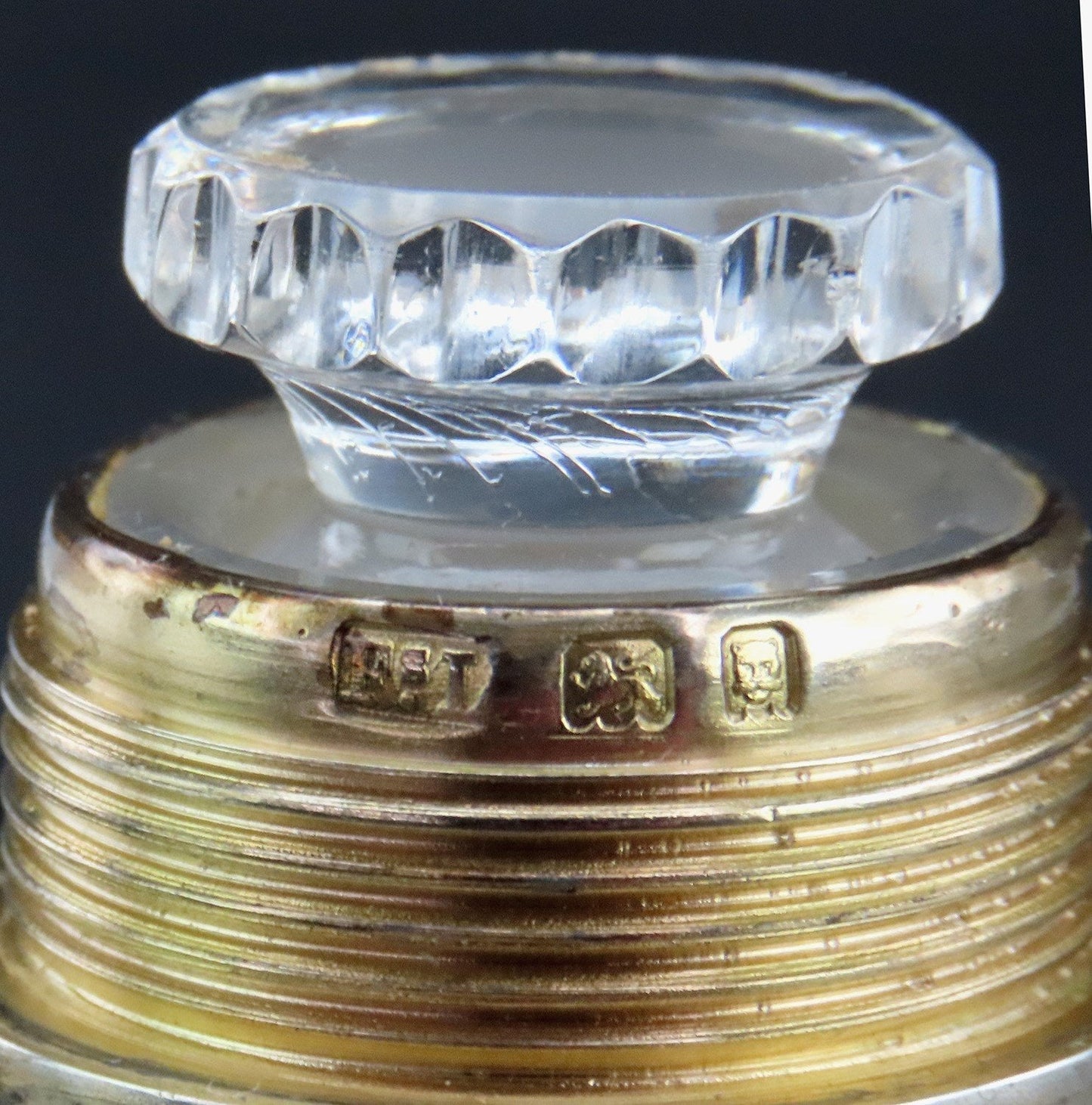 1926 English Sterling Silver Gilt Cut Frosted Glass Dresser Perfume Bottle 2/4