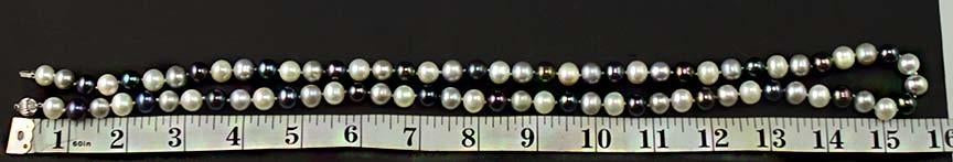 Wonderful Modern 32” Cultured White Black & Gray Pearl Necklace 14K Gold Clasp