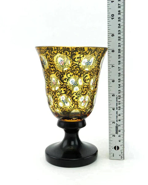 Early 1900s Czech Yellow Amber Cut to Clear Thousand Eye Handpainted Floral Vase