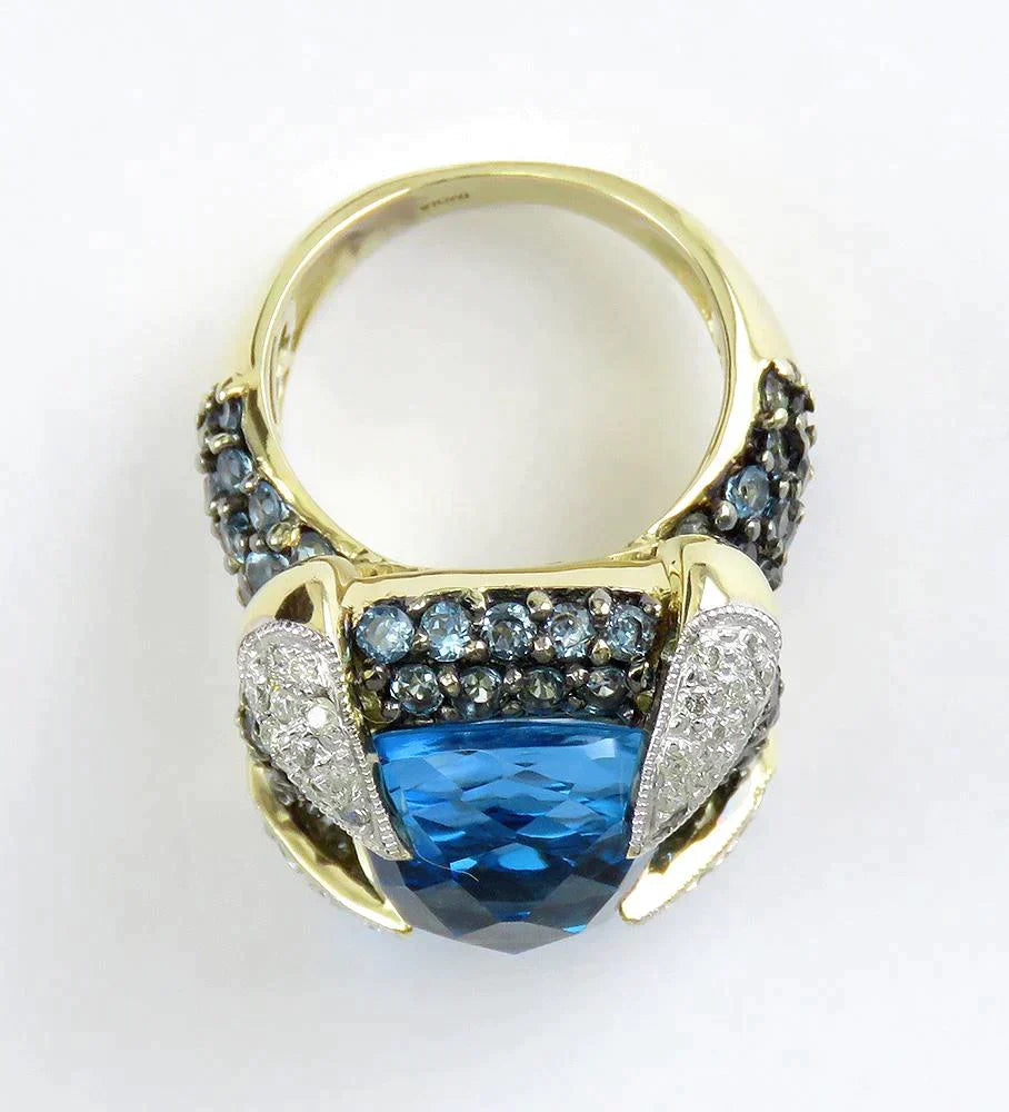 High End 14K Yellow Gold Blue Topaz Gemstone Diamond Cocktail Statement Ring