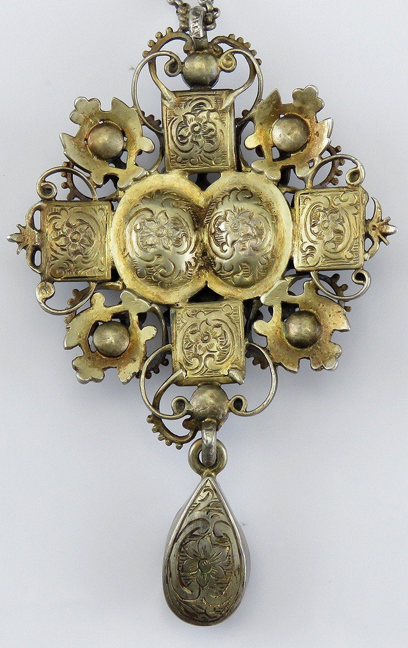 c1880s Austro Hungarian Gilt Silver Amethyst Garnet Filigree Pendant Necklace