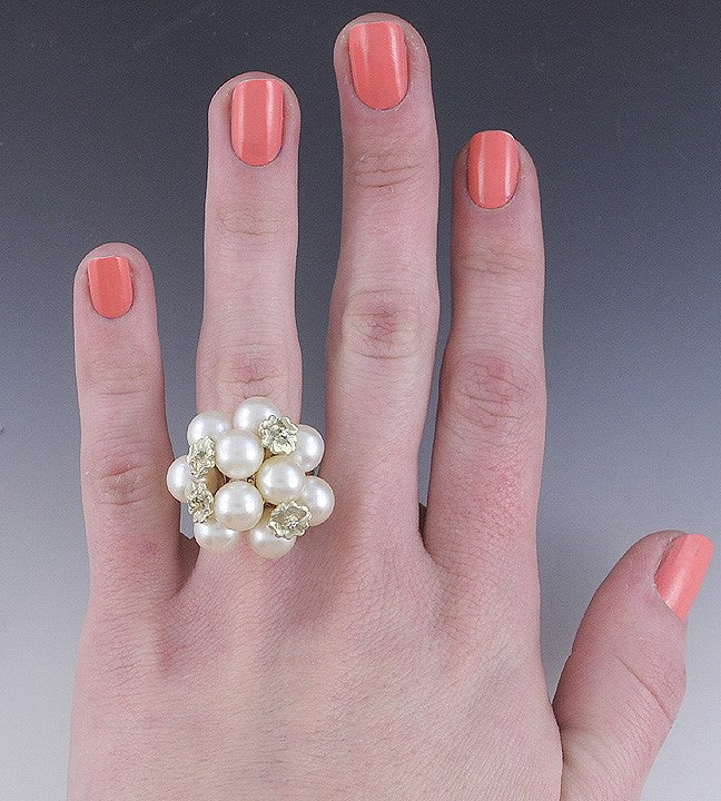 Pearl & Diamond Floral 10K Yellow Gold Cluster Ring Size 8