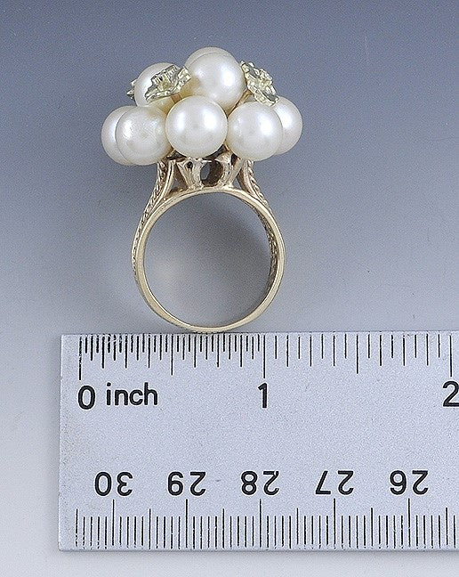 Pearl & Diamond Floral 10K Yellow Gold Cluster Ring Size 8