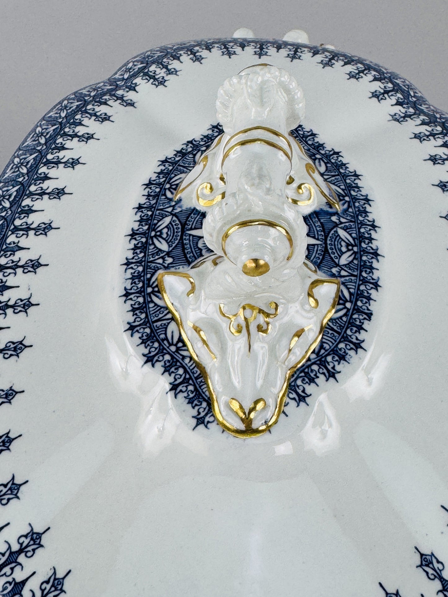 Antique Royal Worcester Oval Covered Serving Bowl With Ram's Heads 1890
