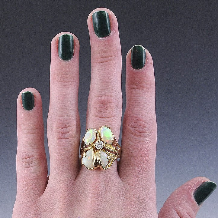 Stunning Modern Fiery Opal Diamond & 14k Yellow Gold Ring Size 10
