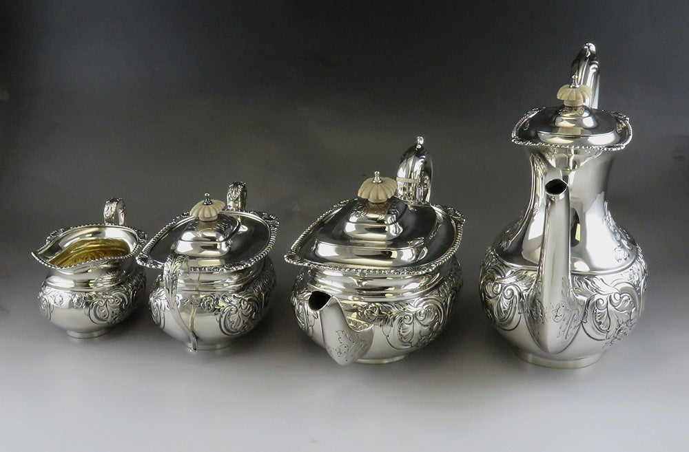4pc Barker Bros 1950 English Sterling Silver Victorian Style Coffee Tea Set