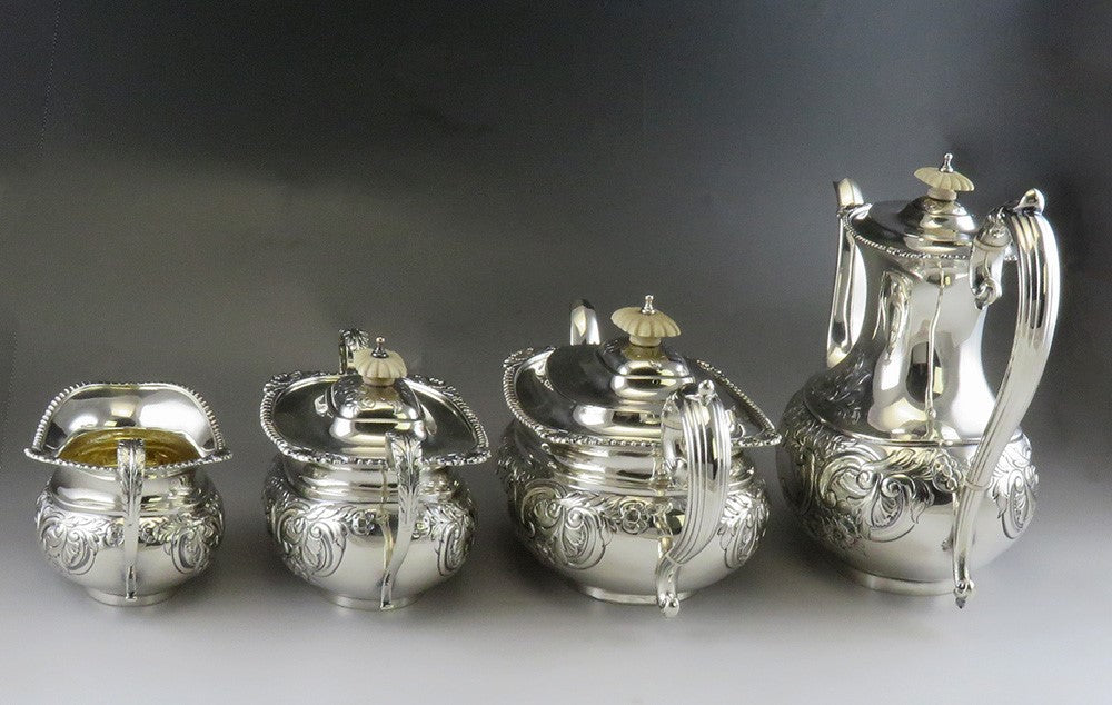 4pc Barker Bros 1950 English Sterling Silver Victorian Style Coffee Tea Set