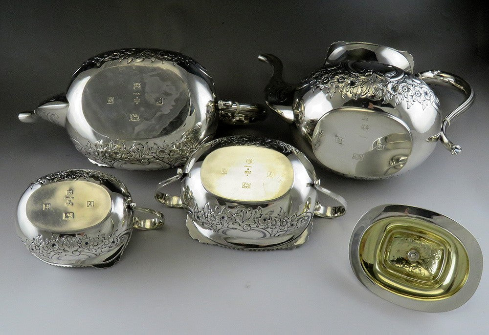 4pc Barker Bros 1950 English Sterling Silver Victorian Style Coffee Tea Set