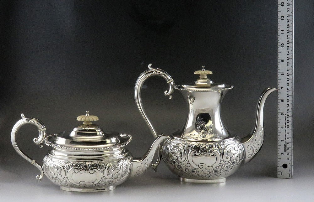 4pc Barker Bros 1950 English Sterling Silver Victorian Style Coffee Tea Set