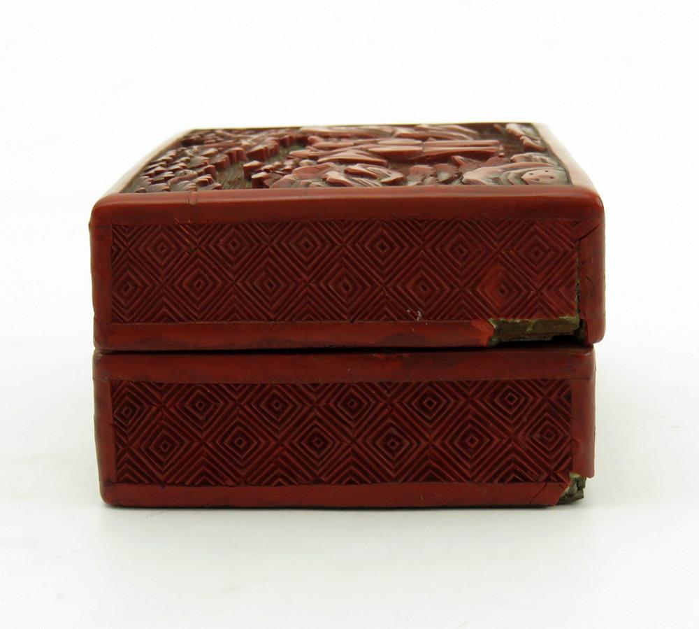 Antique Cinnabar Red Chinese Qing Dynasty Hand Carved Lacquerware Box