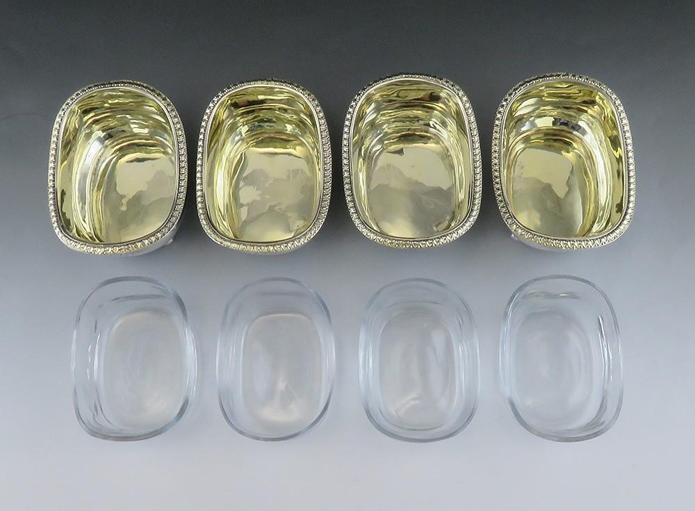Set 4 Antique 1810 English Georgian Sterling Silver Salt Cellars w/ Glass Liners