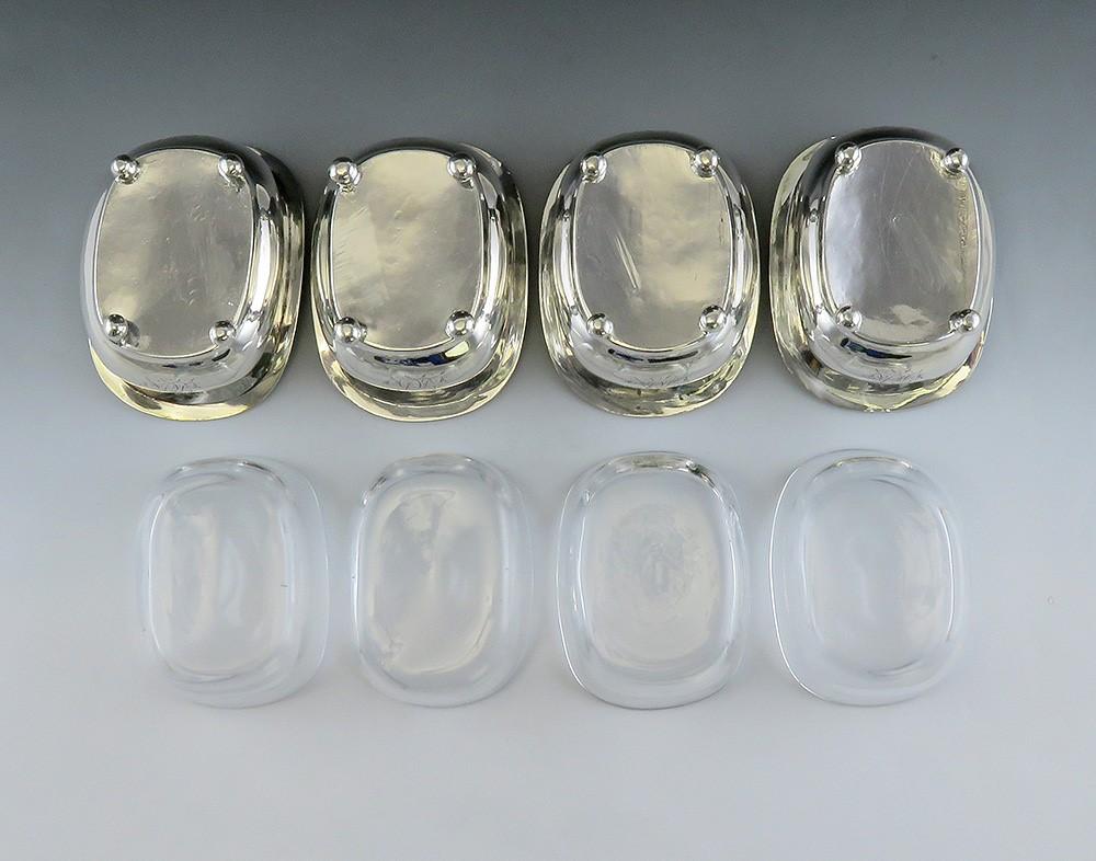 Set 4 Antique 1810 English Georgian Sterling Silver Salt Cellars w/ Glass Liners