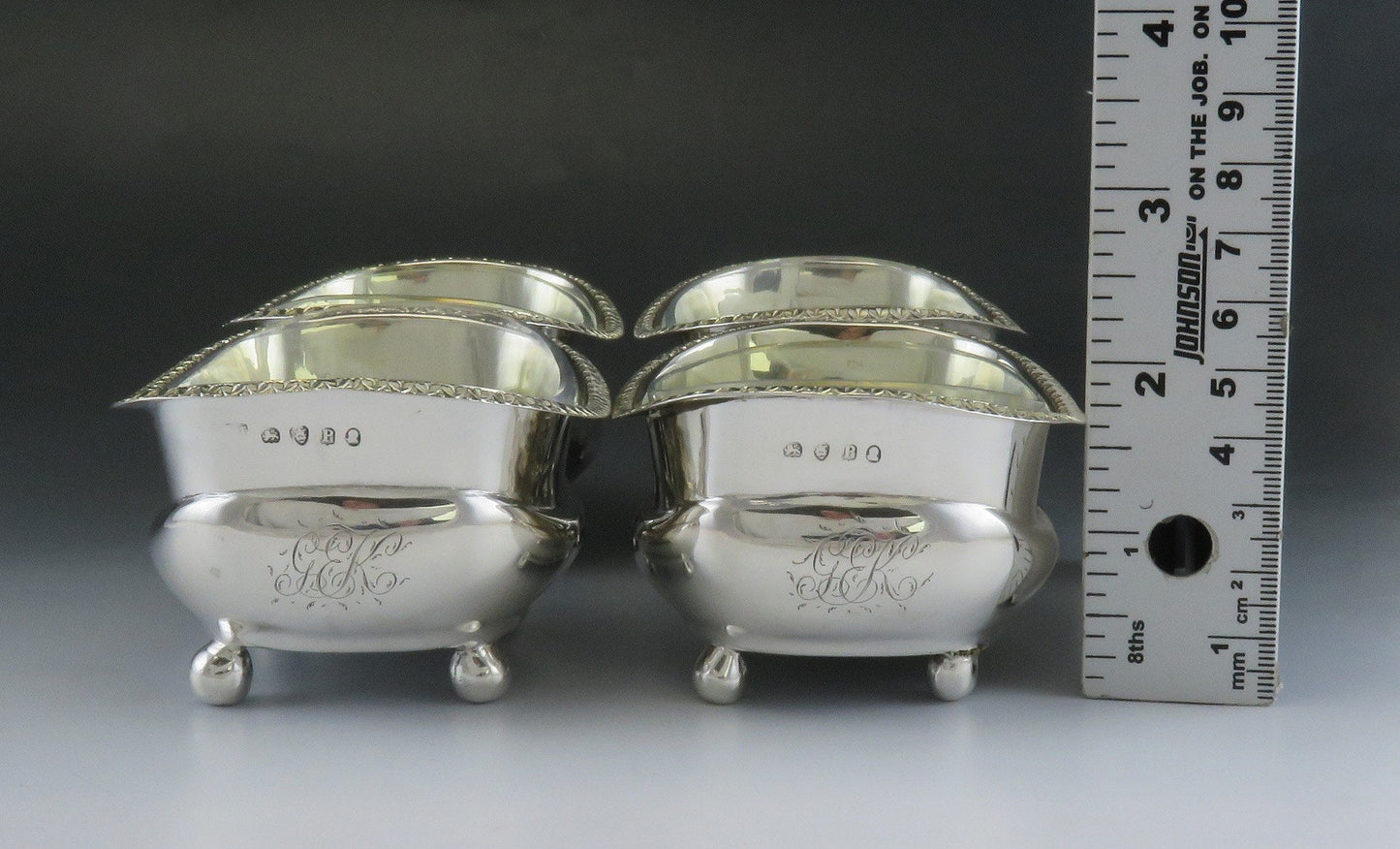 Set 4 Antique 1810 English Georgian Sterling Silver Salt Cellars w/ Glass Liners