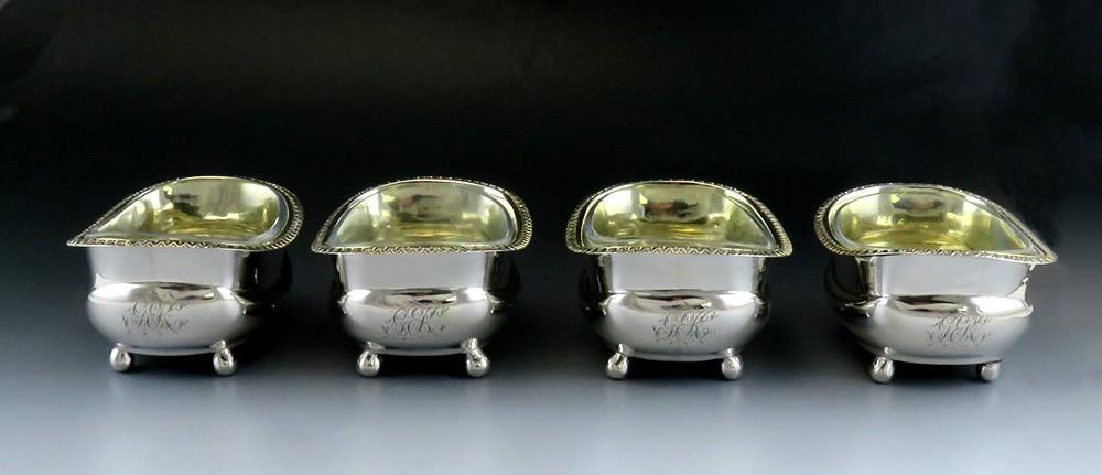 Set 4 Antique 1810 English Georgian Sterling Silver Salt Cellars w/ Glass Liners