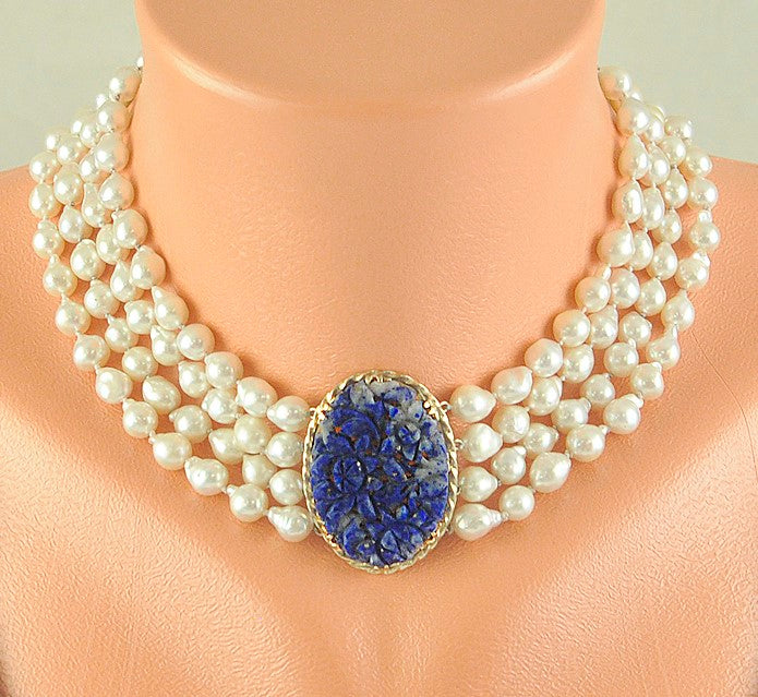 Beautiful Baroque Pearl 14K Gold & Lapis Lazuli 4 Strand Necklace
