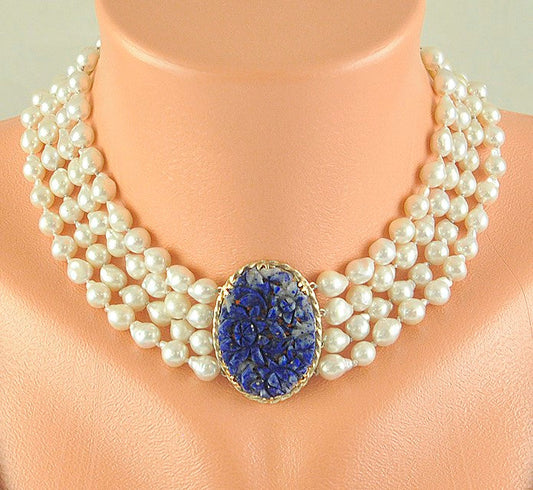 Beautiful Baroque Pearl 14K Gold & Lapis Lazuli 4 Strand Necklace
