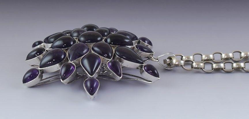 Impressive Mexican? Sterling Silver & Amethyst Pendant Necklace HUGE Size