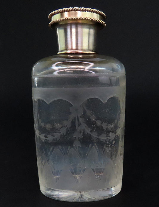 1926 English Sterling Silver Gilt Cut Frosted Glass Dresser Perfume Bottle