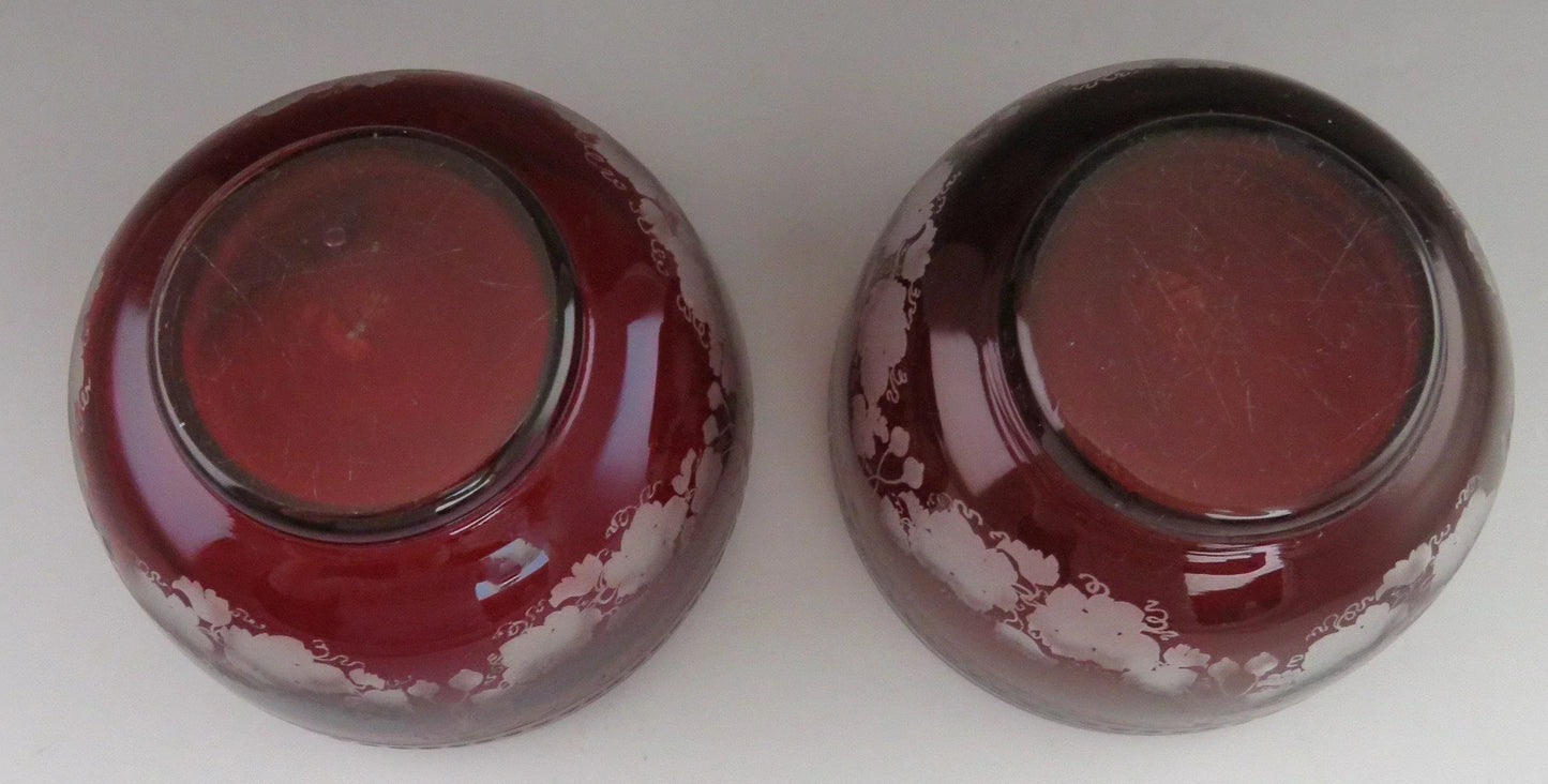 Beautiful Pair Antique Mid 1800s Bohemian Red Ruby Cut Glass Dessert Bowls (5/6)