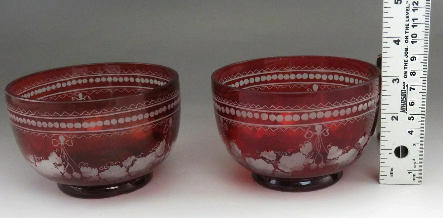 Beautiful Pair Antique Mid 1800s Bohemian Red Ruby Cut Glass Dessert Bowls (3/6)