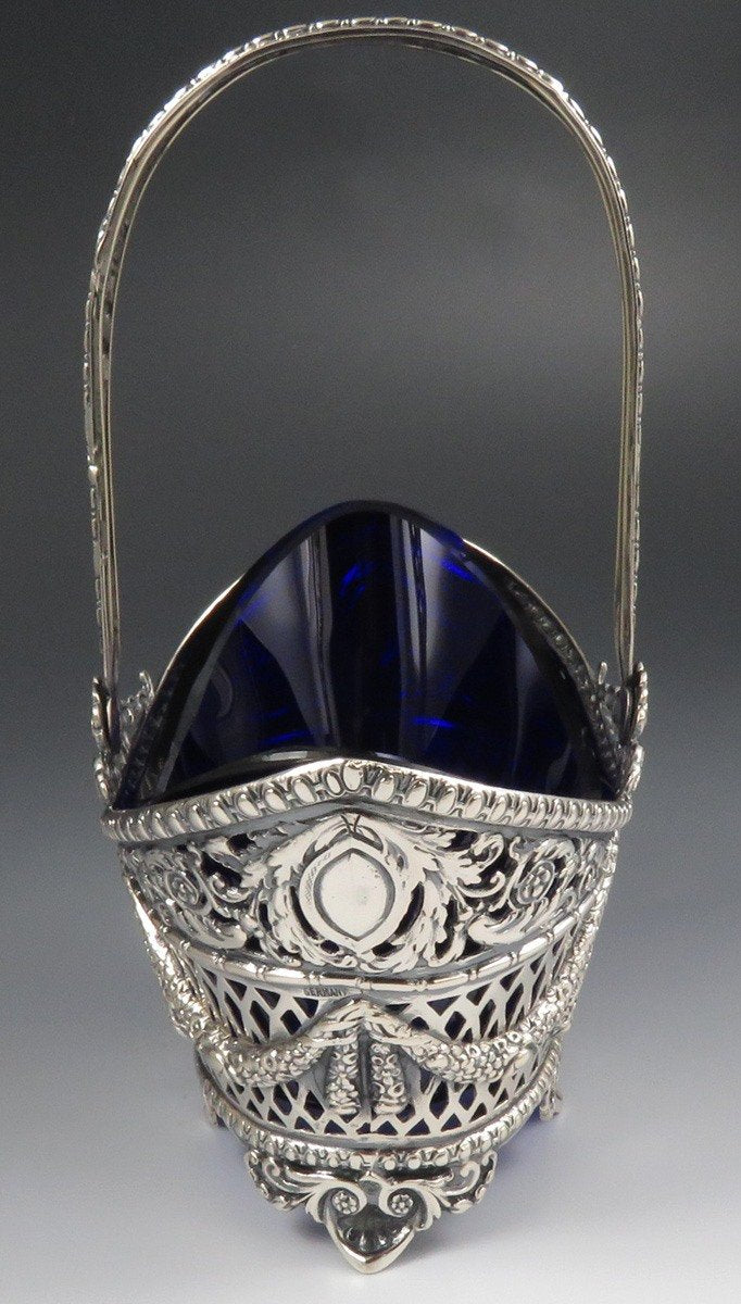 Antique 1890s-1910s Hanau Silver Sauce Basket with Cobalt Blue Glass Liner