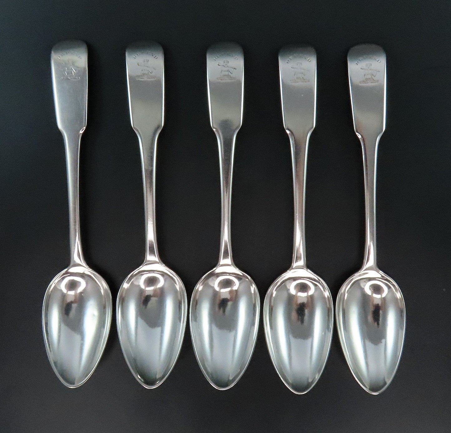 5 Scottish Sterling Silver Spoons Wood Family Crest DEFEND 7 inches