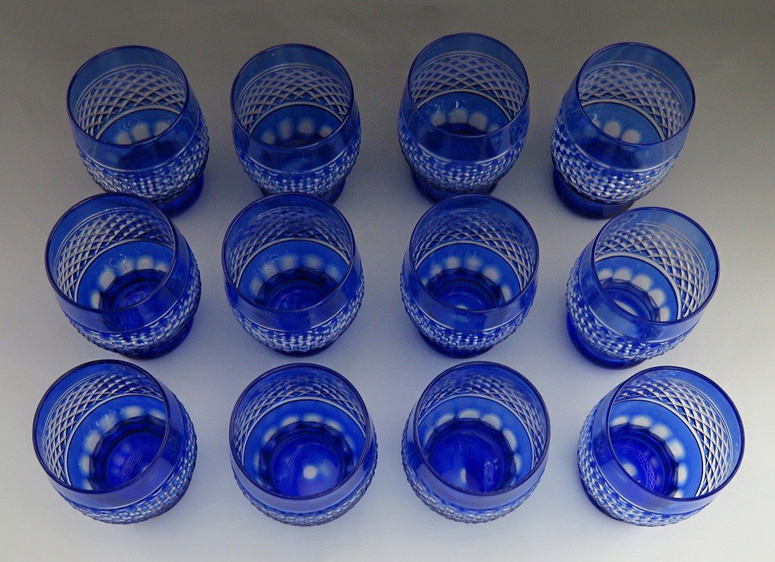 12 Antique Cobalt Blue Cut to Clear Diamond Pattern Tumblers/Glasses