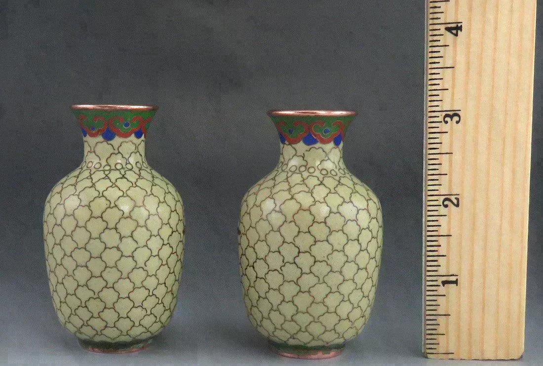 Pair Vintage Chinese Copper Cloisonné Enamel Cherry Blossom Bud Vases
