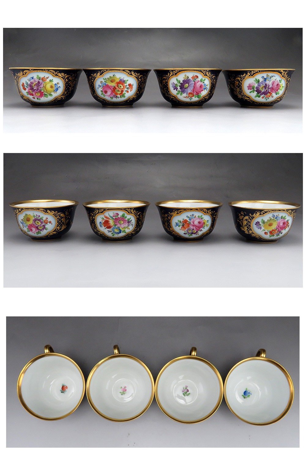 22pc Hutschenreuther German Porcelain China Cobalt Gold Flower Tea Cups Saucers