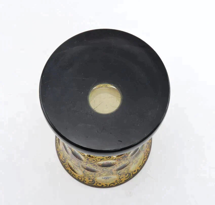 Early 1900s Czech Yellow Amber Cut to Clear Thousand Eye Handpainted Floral Vase