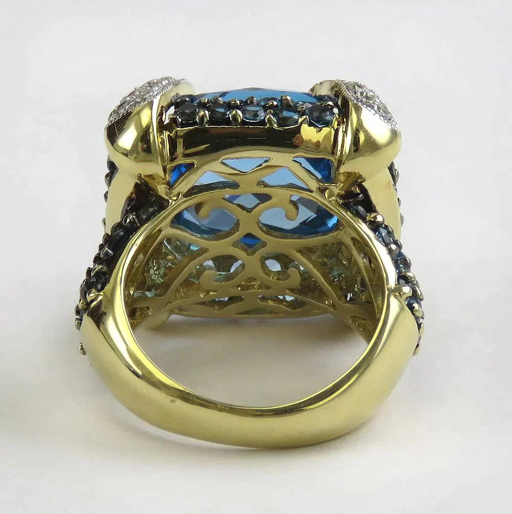 High End 14K Yellow Gold Blue Topaz Gemstone Diamond Cocktail Statement Ring