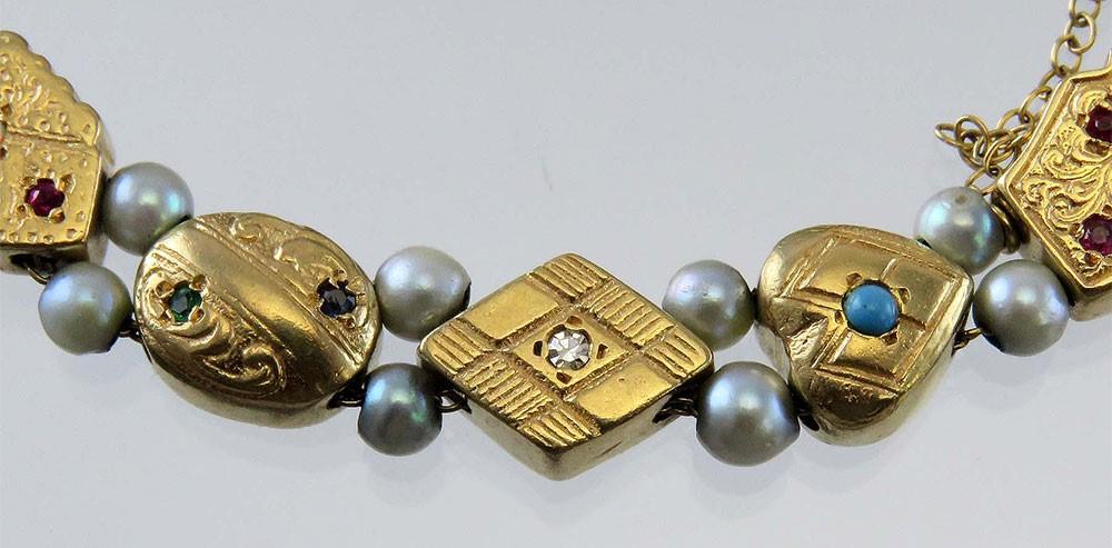 Elegant 14k Gold Multi Gemstone Slide Charm Bracelet Diamond Ruby Sapphire Pearl