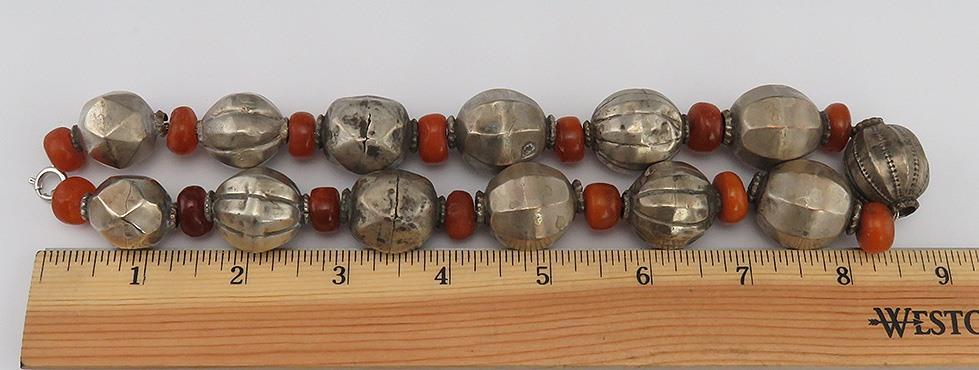 Antique Primitive Ethnic Tribal 1890s Amber & Silver Ball Wire Necklace