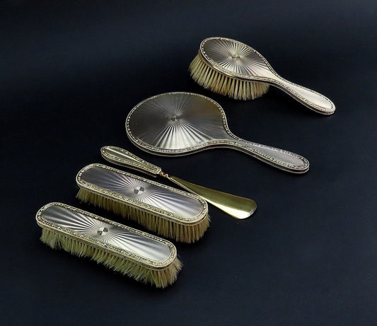 5pc 1926 English Sterling Silver Gilt Dressing Set Brush Mirror Shoehorn