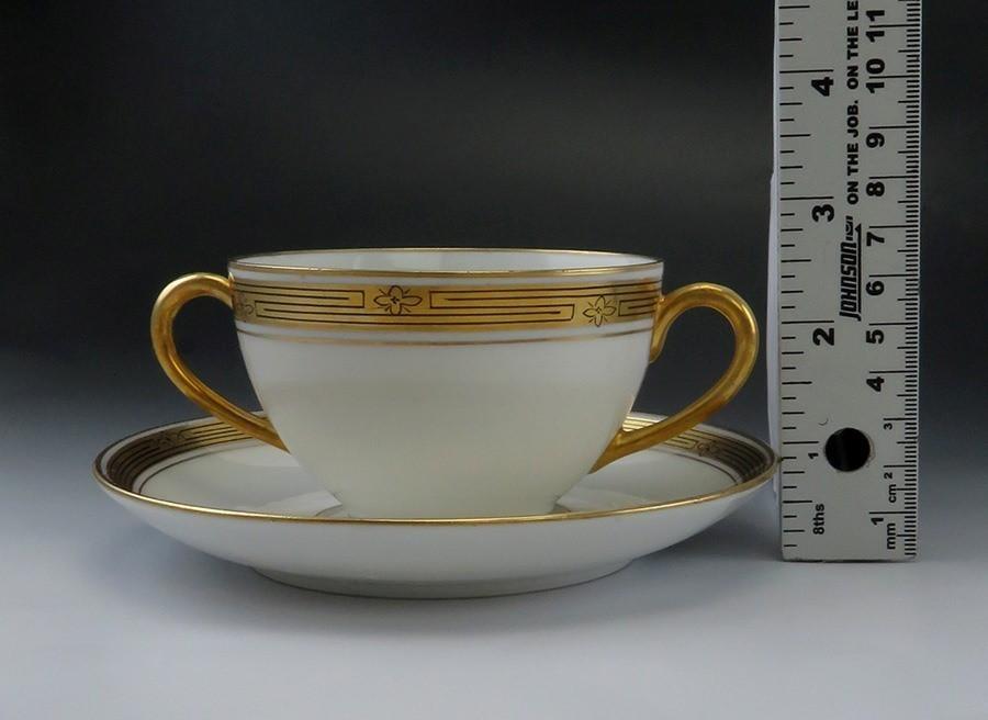 Limoges Porcelain/Fine China PIC46 Gold Rim Hand Painted Bouillon Bowls Saucers