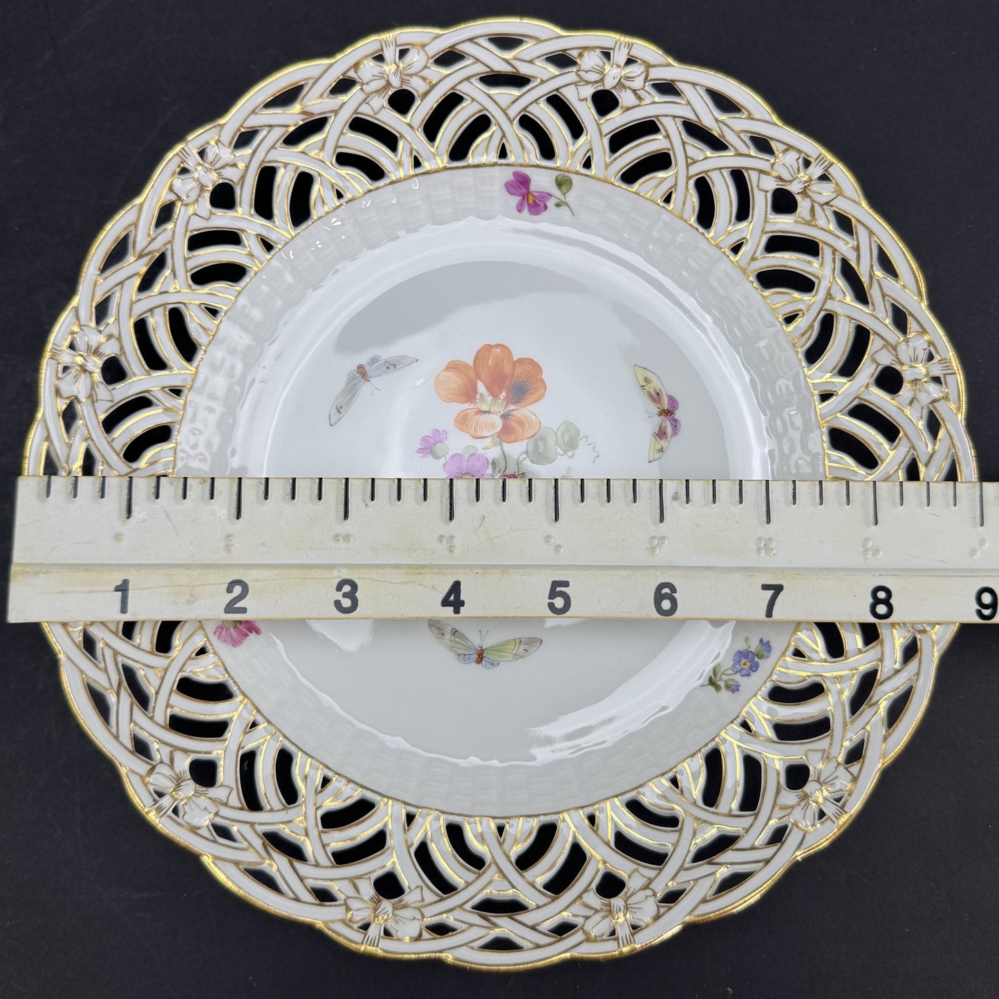 Set 9 c1890s KPM Reticulated Pierced 9" Hand Painted Plates Flowers Butterflies