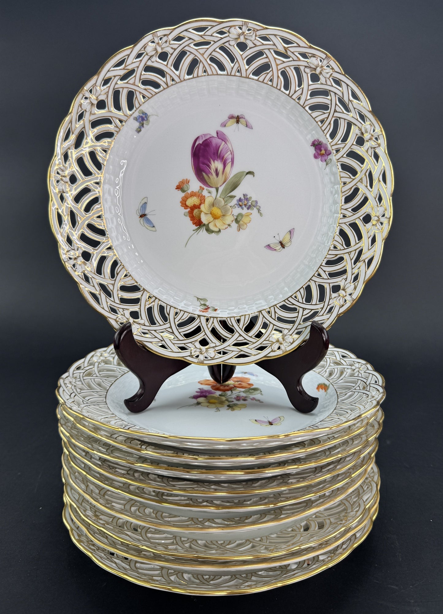 Set 9 c1890s KPM Reticulated Pierced 9" Hand Painted Plates Flowers Butterflies