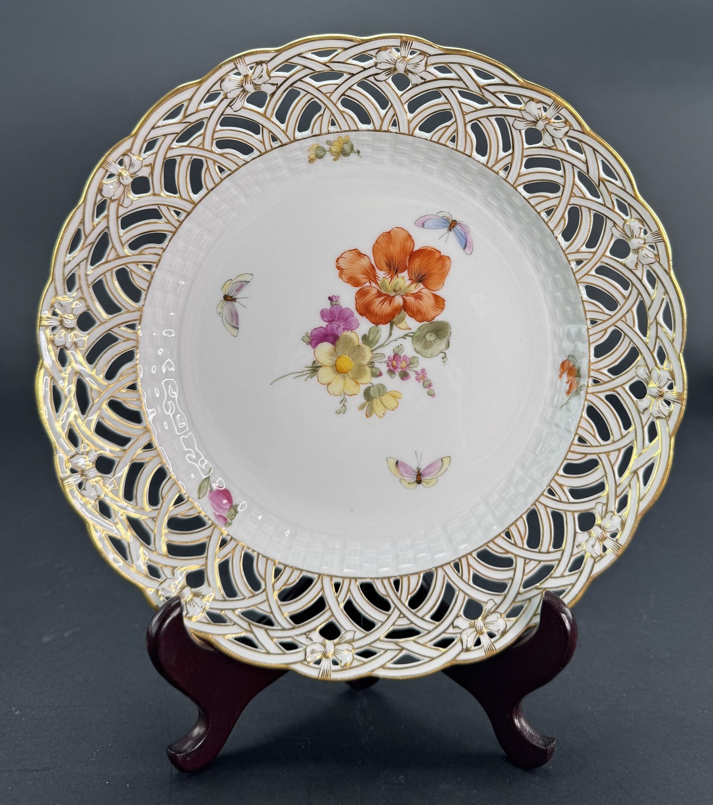 Set 9 c1890s KPM Reticulated Pierced 9" Hand Painted Plates Flowers Butterflies